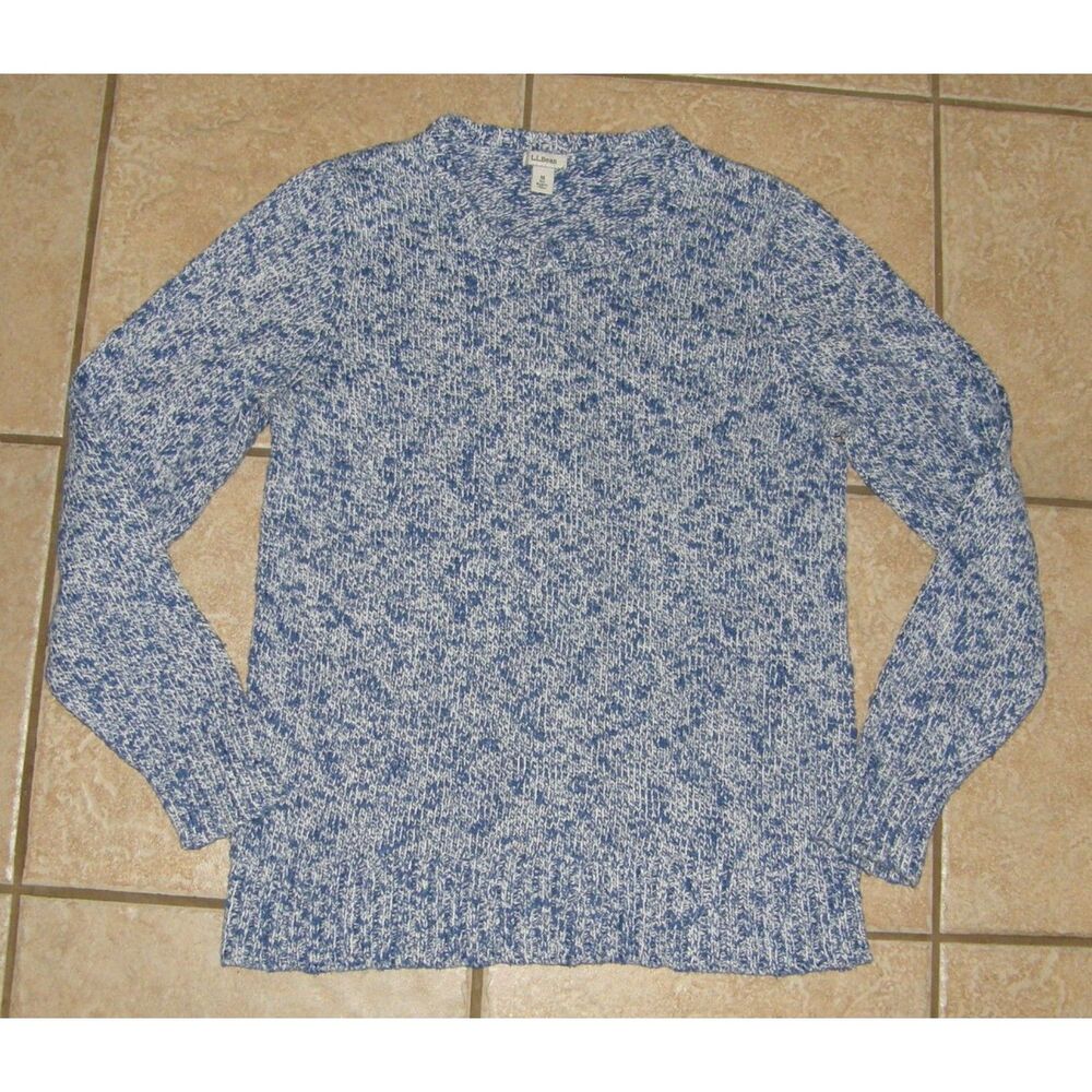 LL BEAN Marled Blue Sz Medium Stretchy Cotton Crew Neck Pullover Cozy Sweater